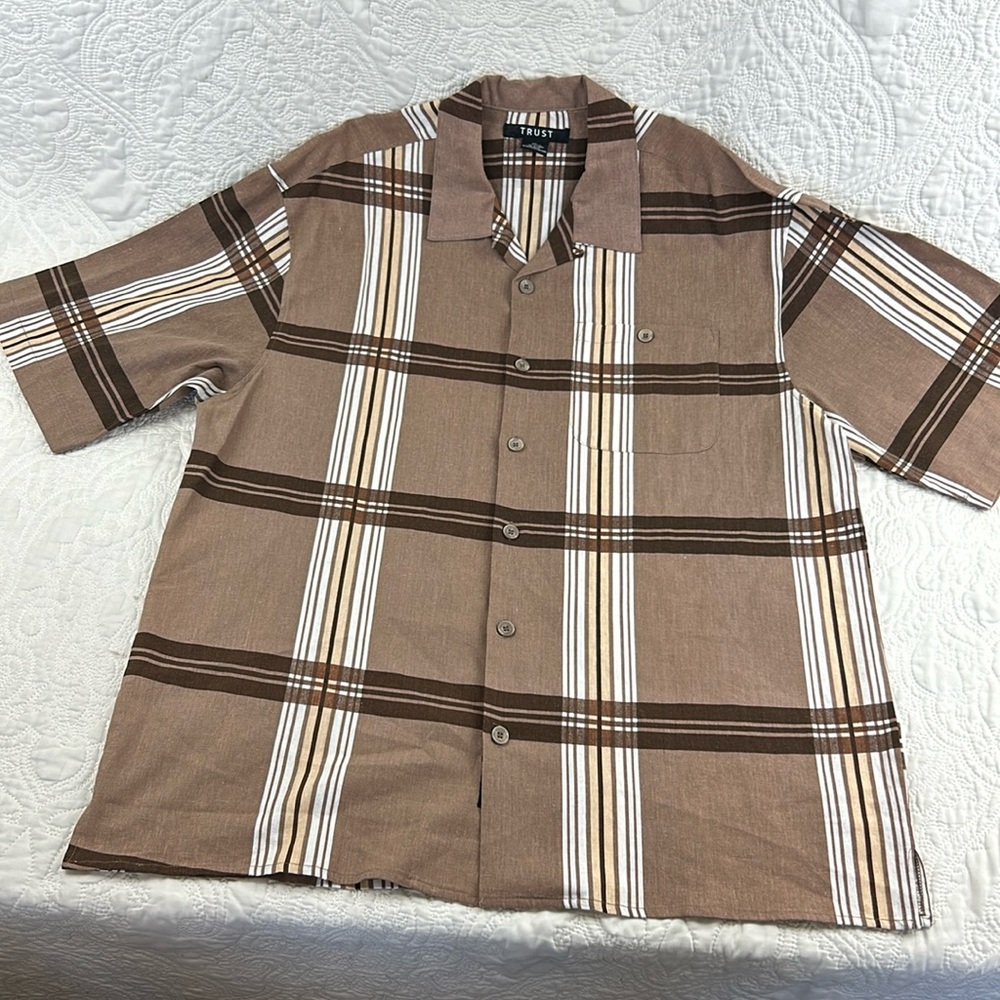 TRUST linen plaid button down short sleeve shirt mens size XXL